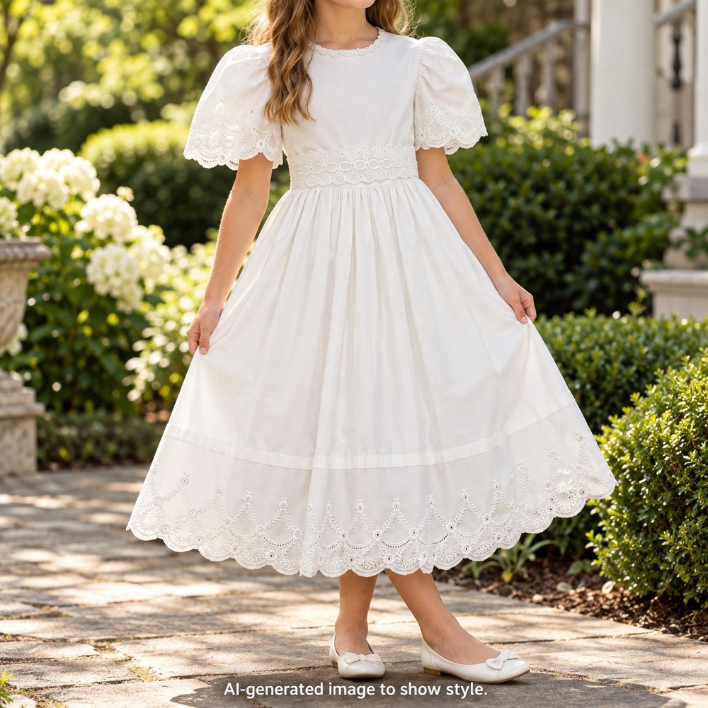 Ruth of Carolina Girls White Eyelet Lace Puffed Sleeve Formal Dress Wedding Vtg
